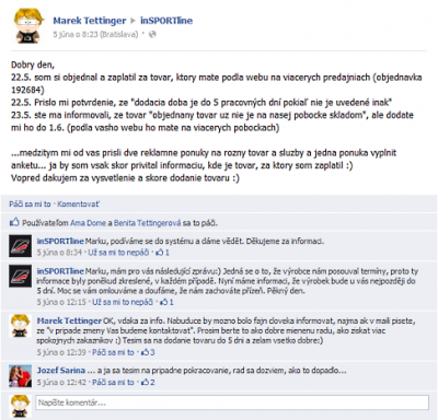 Komunikácia na FB stránke Insportline Komunikácia na FB stránke Insportline